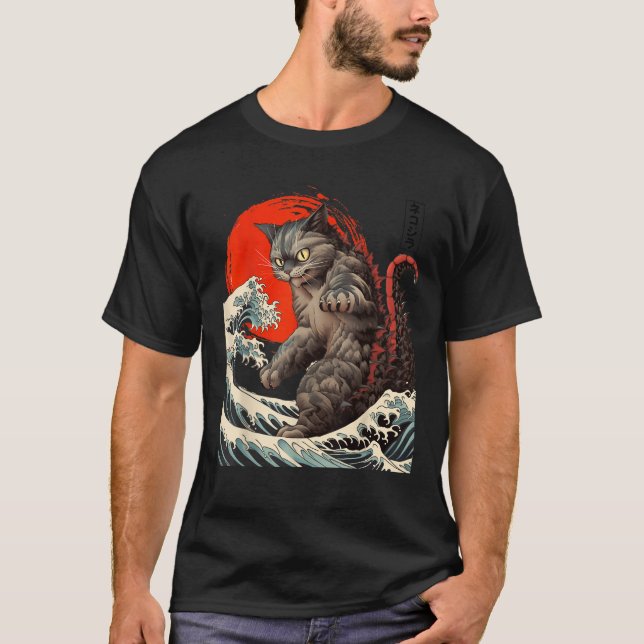 Catzilla vs The Great Wave Hokusai Japanese Kaiju  T-Shirt (Vorderseite)