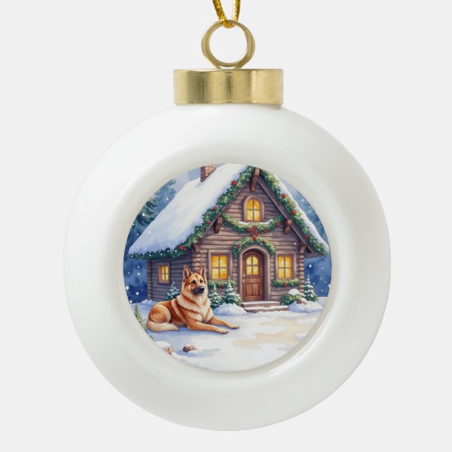 Caucasian Shepherd Dog Mountain Cabin Christmas Keramik Kugel-Ornament (Vorderseite)