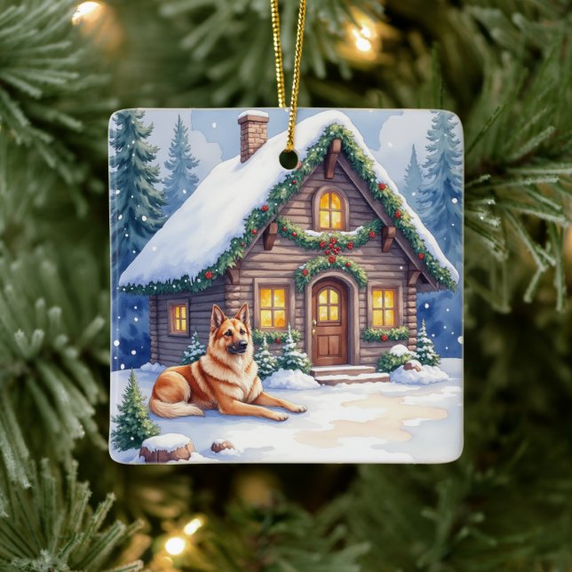 Caucasian Shepherd Dog Mountain Cabin Christmas Keramikornament (Baum)