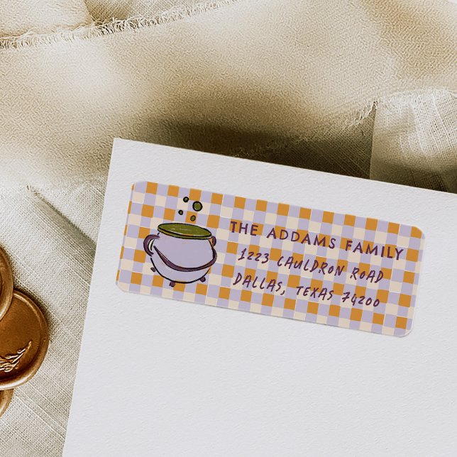 Cauldron Checkered Halloween Rücksendeadresse (Witch Cauldron Purple and Orange Checkered Halloween Return Address Labels)