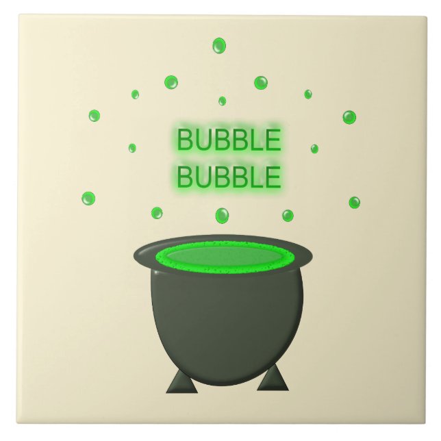 Cauldron und Bubbling Green Brew Halloween Fliese (Vorderseite)