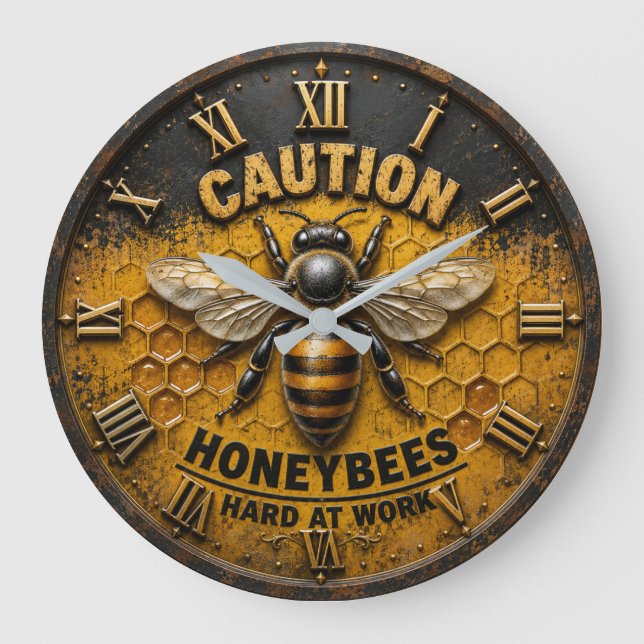 Caution Honeybees Hard at Work  Rustic Beekeeper  Große Wanduhr (Vorderseite)