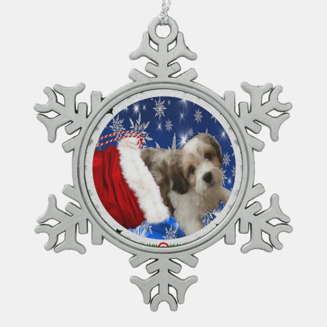 Cavachon Ornament, Weihnachtshund Schneeflocken Zinn-Ornament (Vorderseite)