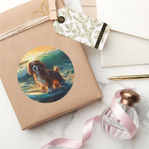Cavalier King Beach Surfen Malerei Runder Aufkleber