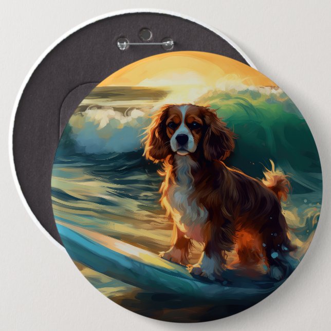 Cavalier King Beach Surfmalerei Button (Vorne & Hinten)