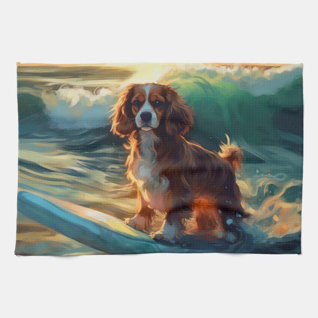 Cavalier King Beach Surfmalerei Geschirrtuch (Horizontal)