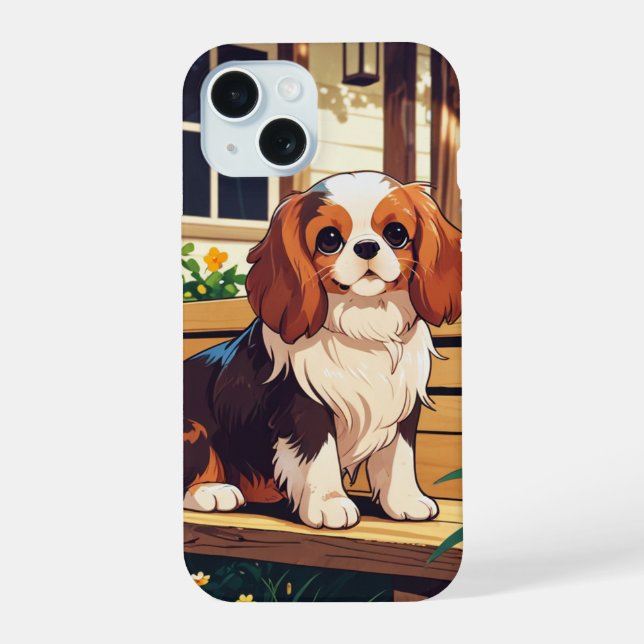 Cavalier King Charles auf einer Bank iPhone 15 Hülle (Rückseite)