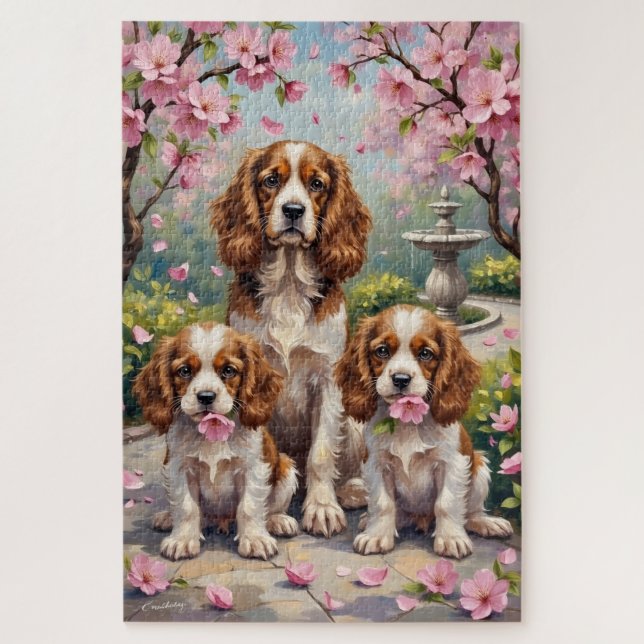 Cavalier King Charles Blütengarten Kunst Puzzle (Vertikal)