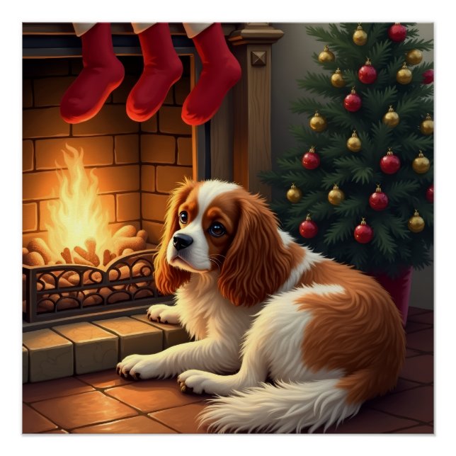 Cavalier King Charles by the Fireplace Christmas Poster (Vorderseite)