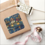 Cavalier King Charles Christmas Festive Voyage Quadratischer Aufkleber<br><div class="desc">Set segelt mit dieser sehr detaillierten Abbildung in den Zauber der Urlaubssaison und zeigt einen stolzen Hund, der in einem festlich dekorierten Boot sitzt und über einen ruhigen Weihnachtssee gleitet. Die Lichter der nahen Kiefernbäume reflektieren das Wasser und warmen, festlichen Glanz, der das gemütliche Ambiente verstärkt. Die Ornamente versetzen sich...</div>