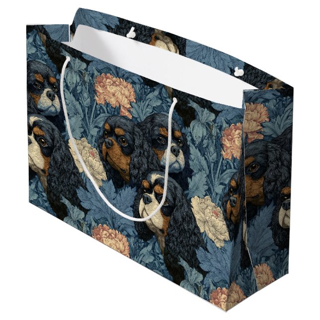 Cavalier King Charles Florales Blaues Design Große Geschenktüte (Rückseite Schrägansicht)