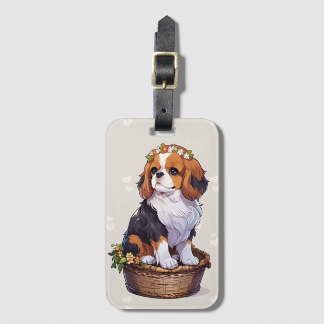 Cavalier King Charles Korb mit Blume Kronen Gepäckanhänger (Vorderseite Vertikal)