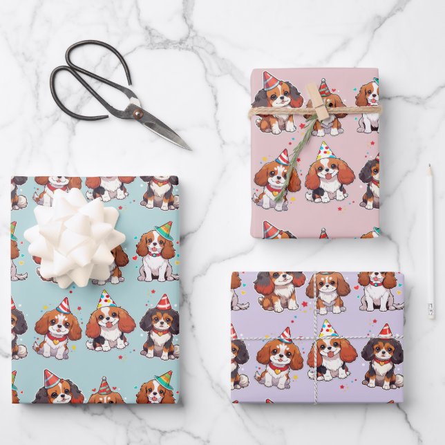 Cavalier King Charles Pastel Birthday Pattern Geschenkpapier Set (Vorderseite)
