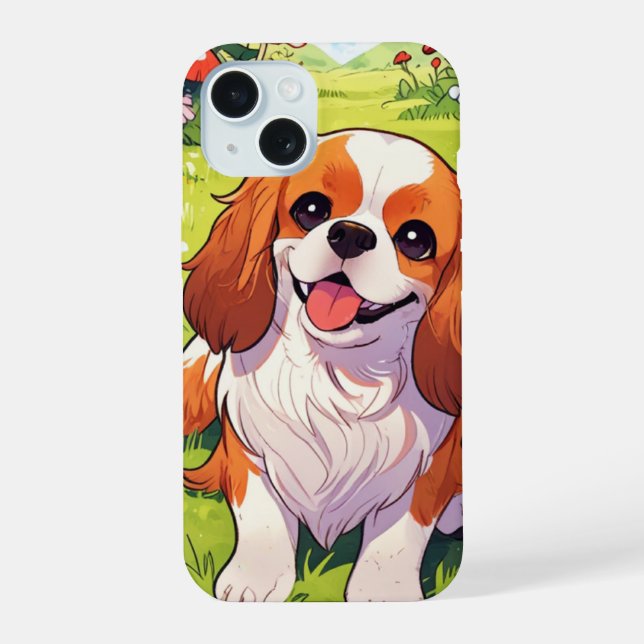 Cavalier King Charles Pastel Blume Feld iPhone 15 Hülle (Rückseite)