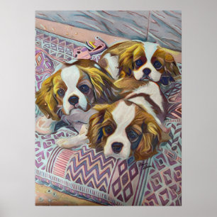 Cavalier KIng Charles Puppies Custom Art Print Poster
