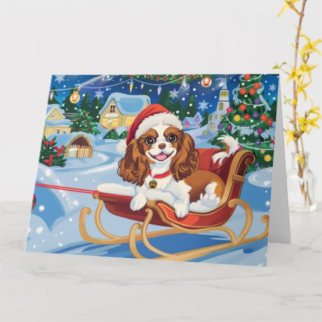 Cavalier King Charles Sleigh Snow Weihnachten Karte (Gelbe Blume)