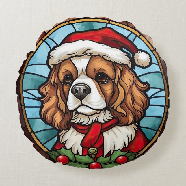 Cavalier King Charles Spanel Glass Weihnachtsfeier Rundes Kissen (Vorderseite)
