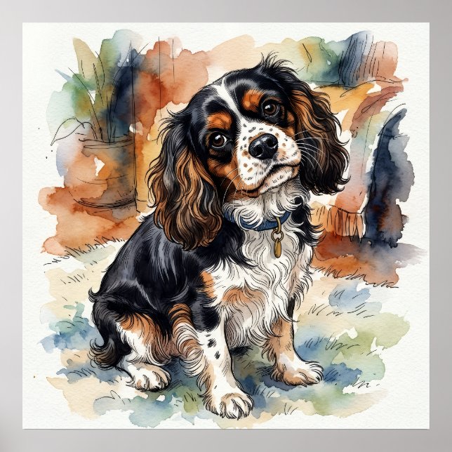 Cavalier King Charles Spaniel Aquarell-Porträt Poster (Vorne)
