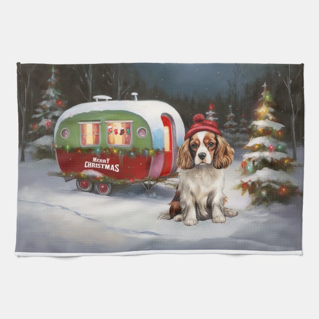 Cavalier King Charles Spaniel Caravan Weihnachten Geschirrtuch (Horizontal)