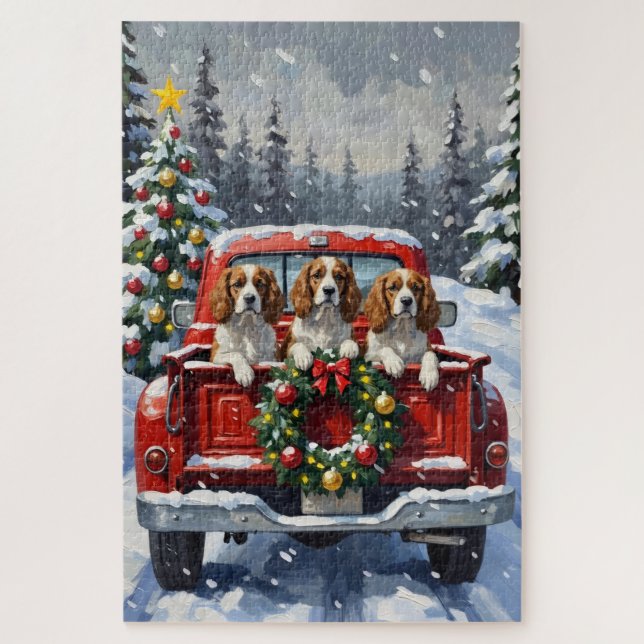 Cavalier King Charles Spaniel Christmas Red Truck Puzzle (Vertikal)