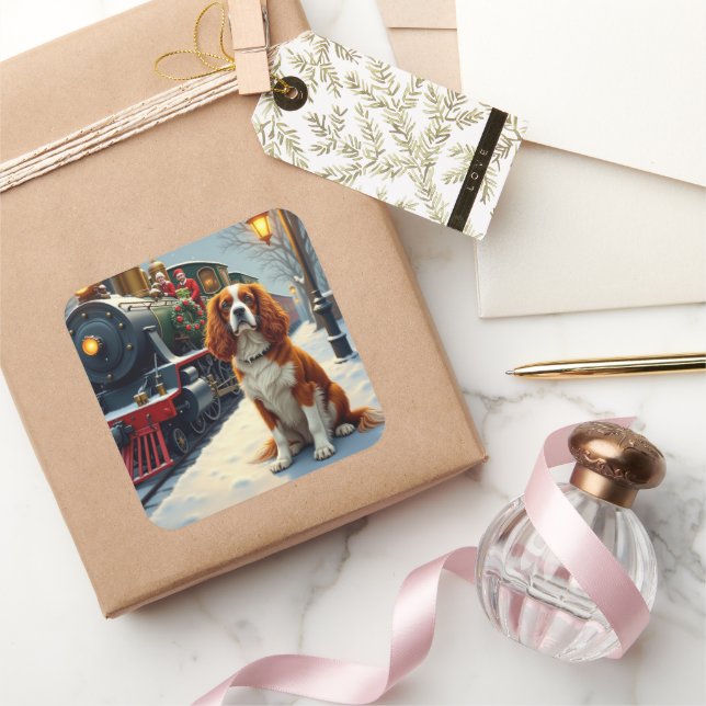 Cavalier King Charles Spaniel Christmas Train Quadratischer Aufkleber (Schenken)