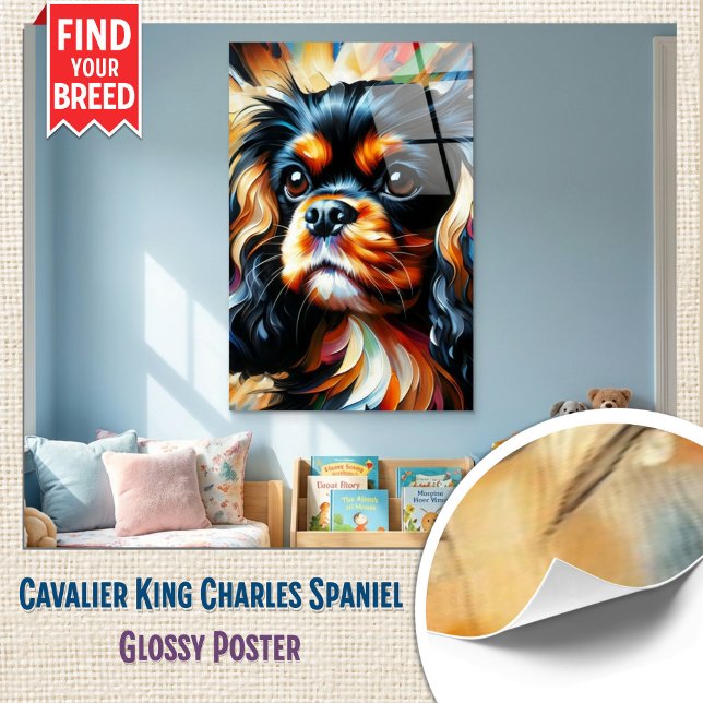 Cavalier King Charles Spaniel Dog Acrylic Print Poster (Glossy Wall Art - Cavalier Spaniel Bold Abstract Portrait)