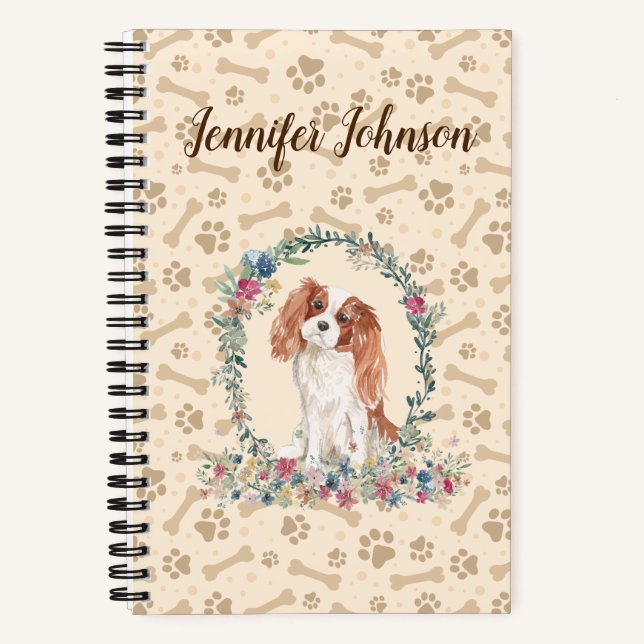 Cavalier King Charles Spaniel Dog Paw Print Floral Notizbuch (Vorderseite)
