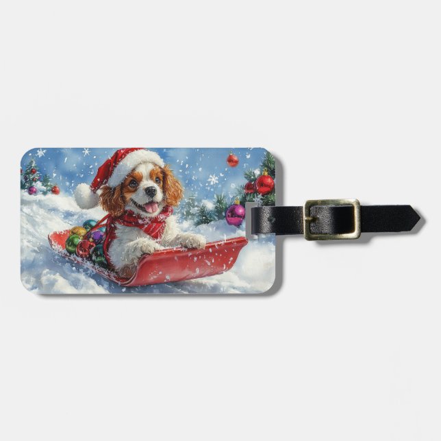 Cavalier King Charles Spaniel Dog Sledge Weihnacht Gepäckanhänger (Vorderseite horizontal)