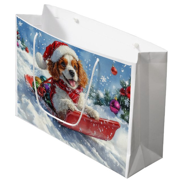 Cavalier King Charles Spaniel Dog Sledge Weihnacht Große Geschenktüte (Vorderseite Schrägansicht)