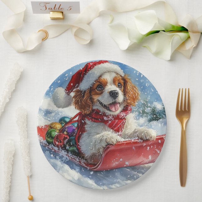 Cavalier King Charles Spaniel Dog Sledge Weihnacht Pappteller (Hochzeit)