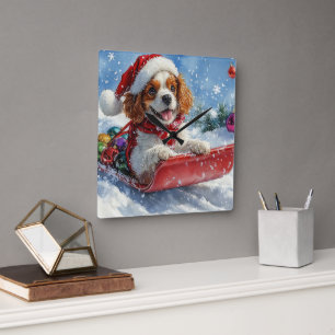 Cavalier King Charles Spaniel Dog Sledge Weihnacht Quadratische Wanduhr