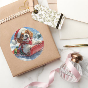 Cavalier King Charles Spaniel Dog Sledge Weihnacht Runder Aufkleber