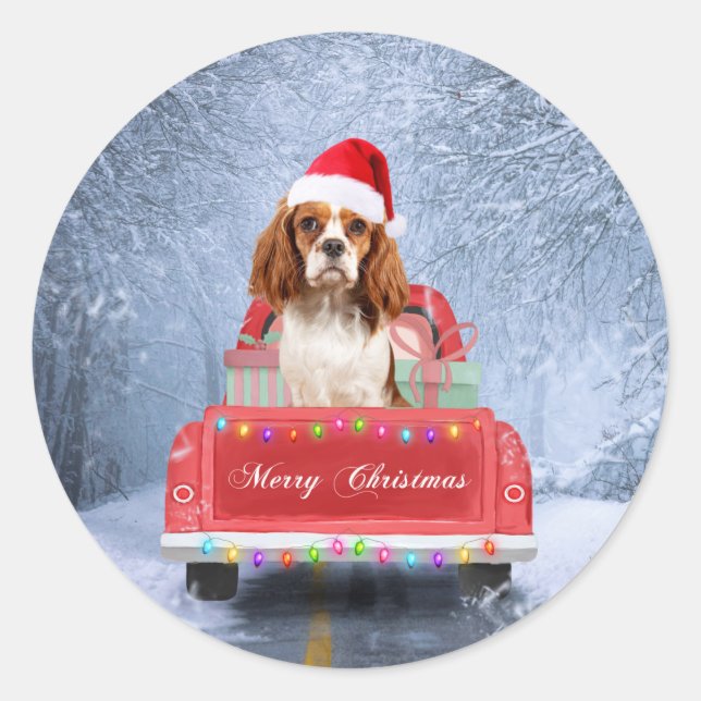 Cavalier King Charles Spaniel Dog Snow Weihnachtsf Runder Aufkleber (Vorderseite)