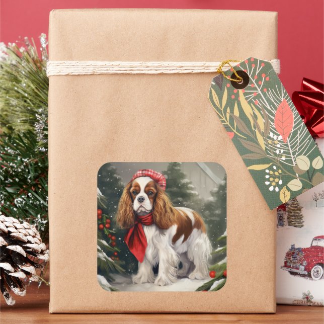 Cavalier King Charles Spaniel Dog Weihnachten Quadratischer Aufkleber (Feiertag)