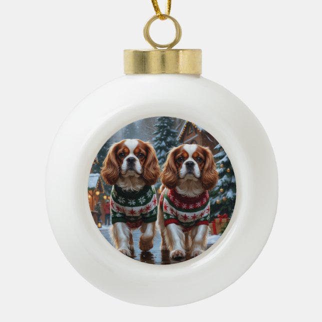 Cavalier King Charles Spaniel Dogs Christmas Snow  Keramik Kugel-Ornament (Vorderseite)