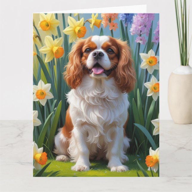 Cavalier King Charles Spaniel Frühlingsblumen  Karte (Vorderseite)