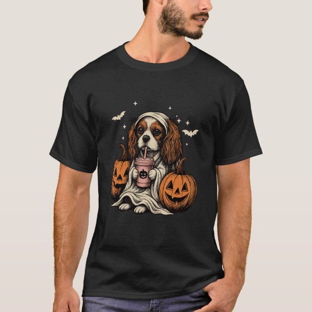 Cavalier King Charles Spaniel Ghost Halloween Cava T-Shirt (Vorderseite)