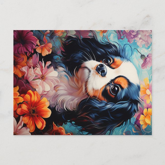 Cavalier King Charles Spaniel in Blume Postkarte (Vorderseite)