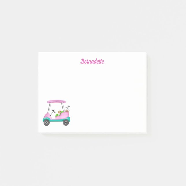 Cavalier King Charles Spaniel in Pink Golf Cart Post-it Klebezettel (Vorderseite)