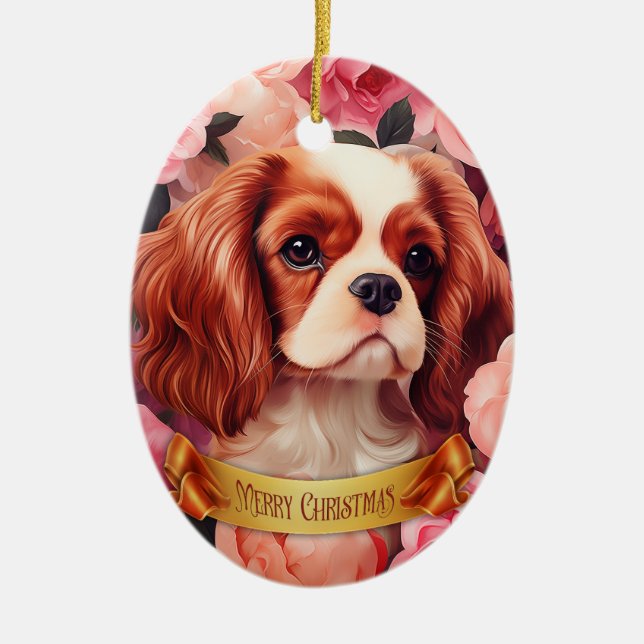 Cavalier King Charles Spaniel in Rose Keramik Ornament (Vorne)
