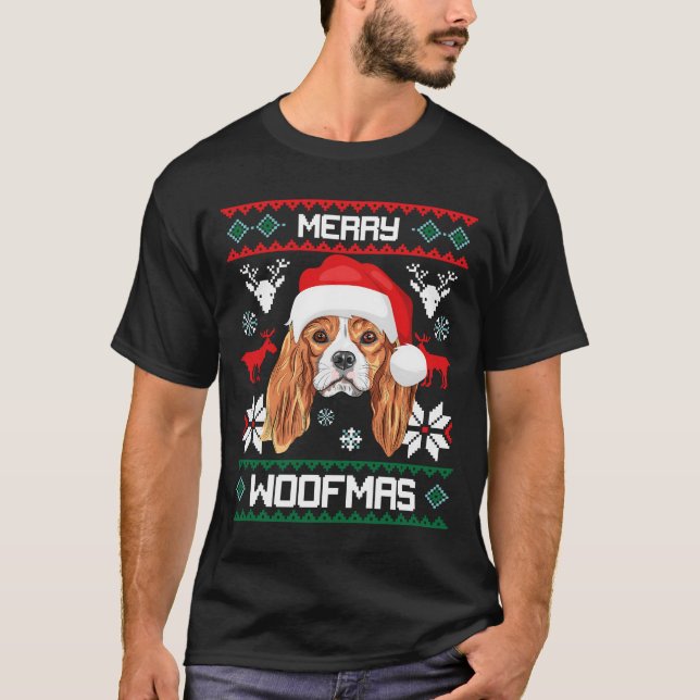 Cavalier King Charles Spaniel Merry Woofmas T-Shirt (Vorderseite)