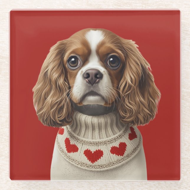 Cavalier King Charles Spaniel mit Herz Glasuntersetzer (Vorderseite)