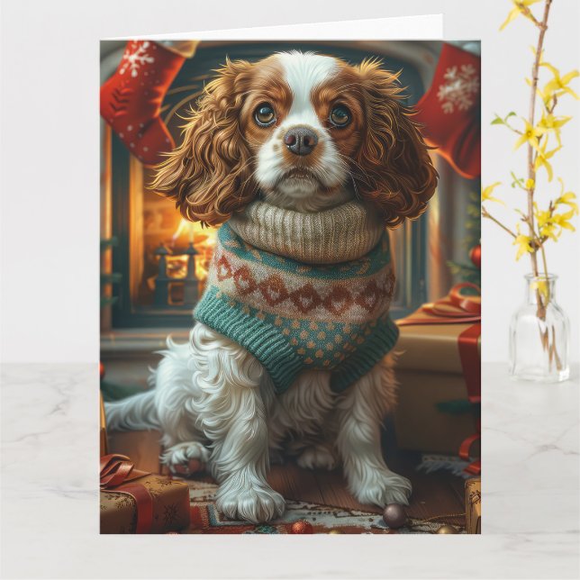Cavalier King Charles Spaniel mit Weihnachtsgesche Karte (Gelbe Blume)