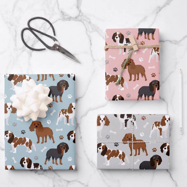 Cavalier King Charles Spaniel Paws and Bones Geschenkpapier Set (Vorderseite)