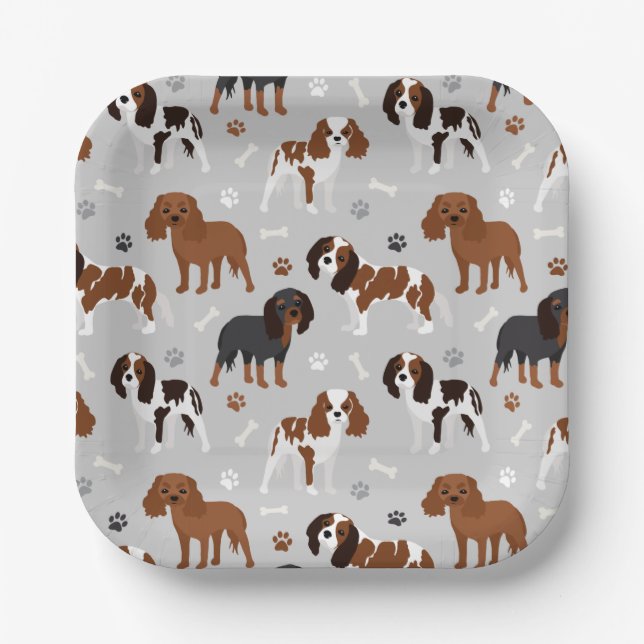 Cavalier King Charles Spaniel Paws and Bones Paper Pappteller (Vorderseite)