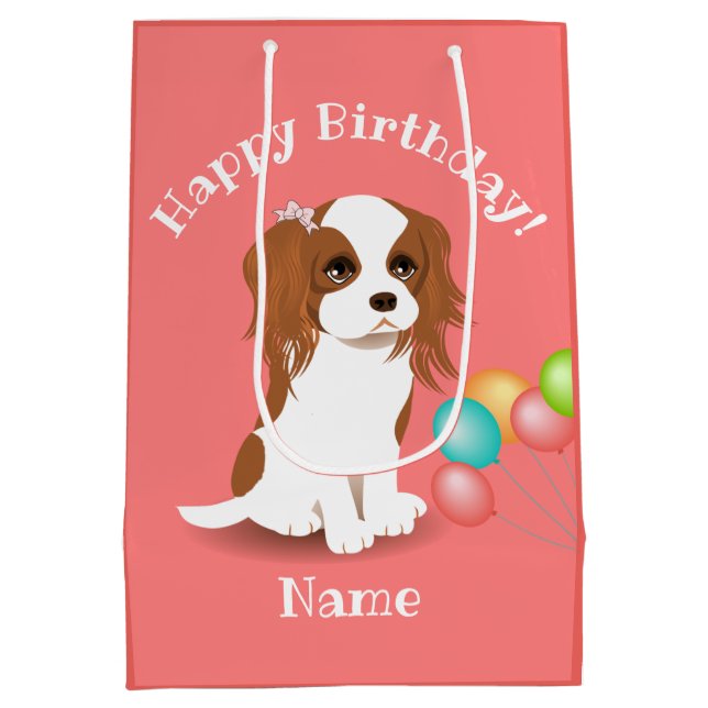 Cavalier King Charles Spaniel Pink Happy Birthday Mittlere Geschenktüte (Rückseite)