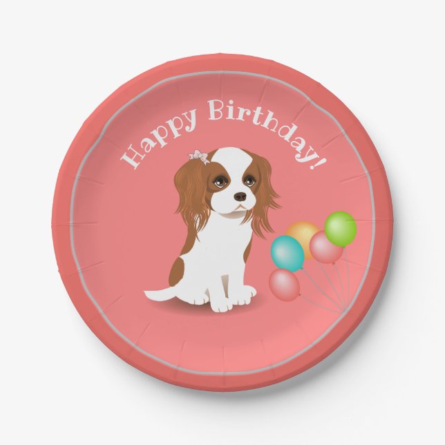 Cavalier King Charles Spaniel Pink Happy Birthday  Pappteller (Vorderseite)