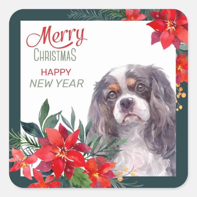 Cavalier King Charles Spaniel Poinsettia Bouquet Quadratischer Aufkleber (Vorderseite)
