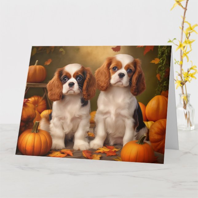 Cavalier King Charles Spaniel Puppy Autumn Pumpkin Karte (Gelbe Blume)