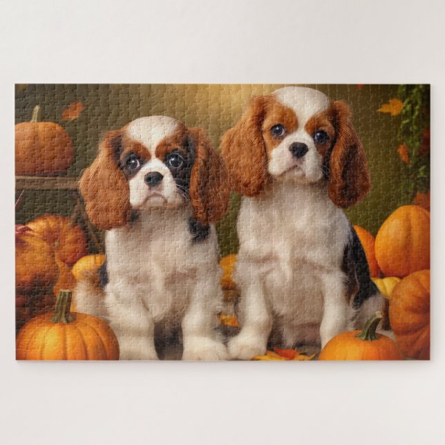 Cavalier King Charles Spaniel Puppy Autumn Pumpkin Puzzle (Horizontal)